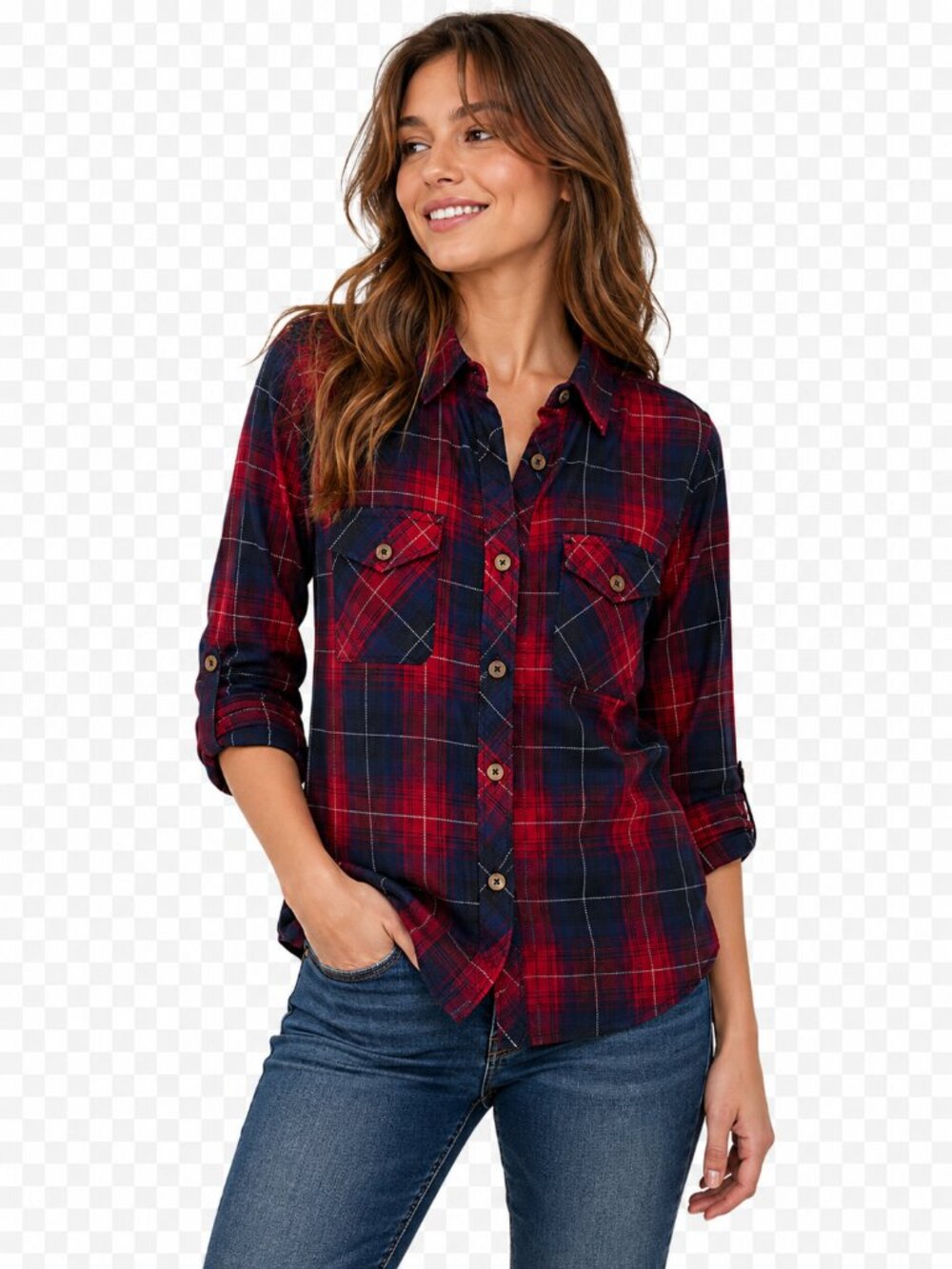 Triple Five Soul Women's Red Navy Plaid Button-Up Shirt Size XL